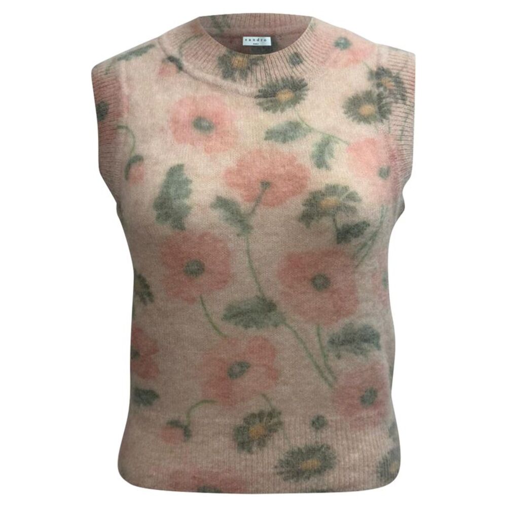 Sandro Knitted Floral-Print Vest Sweater in Multicolor Wool